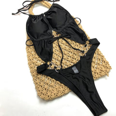 Single Swimsuit One Piece Women Swimsuit Solid Color Lace up Sexy Bikini