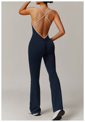 Nude Feel Cross Beauty Back Yoga Jumpsuit Pleated Slightly Pull Running Sports Fitness Horn Jumpsuit
