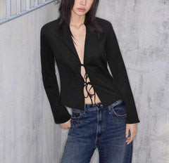 Women Clothing Winter Graceful Fashionable Suede Effect Long Sleeve Lace up Shirt
