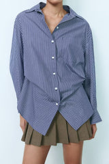 Women Clothing Patchwork Striped Poplin Loose Collared Long Sleeves Shirt