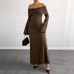 Brown Off-shoulder Slim Women's Dress - Coffee Brown / L - dress