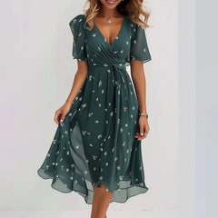 Chiffon Printed Short Sleeve Dress Summer Elegant V-neck Dresses Womens Clothing - Aqua blue / L - dress