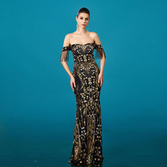 Women Clothing High Grade off Neck Tassel Sequined Fishtail Evening Dress Cocktail Dress Women