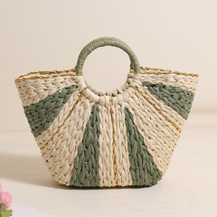 Pastoral Large Capacity Portable Straw-Weaved Bag Contrast Color Hand Carrying Straw Bag Woven Bag Vacation Beach Bag Vegetable Basket