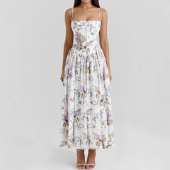 Sexy Printing Slip Dress Summer Slim Fit Backless Maxi Dress Elegant High Sense Summer Beautiful Dress