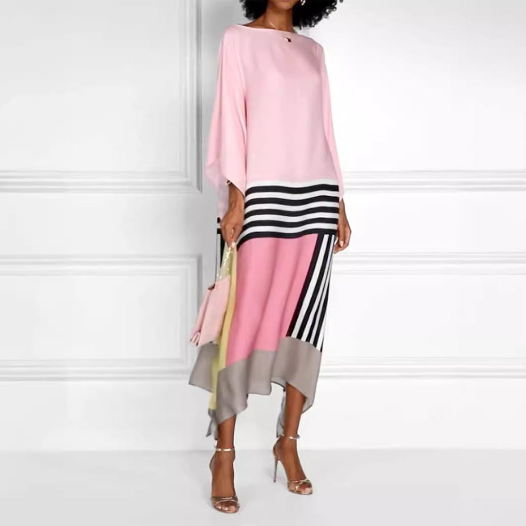 women's pink dress with black & white stripes
