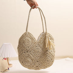 Hollow Out Cutout Tassel Straw Bag Large Capacity Shoulder Woven Bag Vacation Beach Bag Women Bag