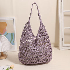 French Large Capacity Shoulder Straw Bag Hollow Out Cutout Tote Portable Straw Bag Woven Bag Seaside Vacation Beach Bag