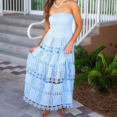 Casual Maxi Dress Spring High Sense Embroidery Hollow Out Cutout out Tube Top Dress Women Clothing