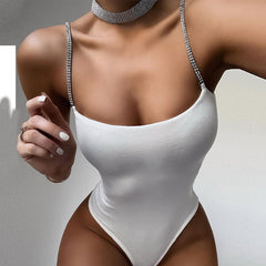 Summer Women Clothing Diamond Chain Slim Top Sexy Low-Cut Sling Bodysuit