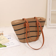 Striped Shoulder Straw Bag Woven Bag Summer Large Capacity Casual All Match Women Seaside Beach Rattan Woven Bag
