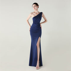 One Shoulder Slim Fit Satin Folding High Slit Sexy Evening Dress Fishtail Dress Dinner Wedding Social Networking