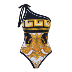 Sexy Swimsuit Women Siamese Triangle Shoulder Polyester Printed Lace up Swimsuit