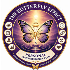 Logo of 'The Butterfly Effect' personal transformation plan with a butterfly and icons around it.