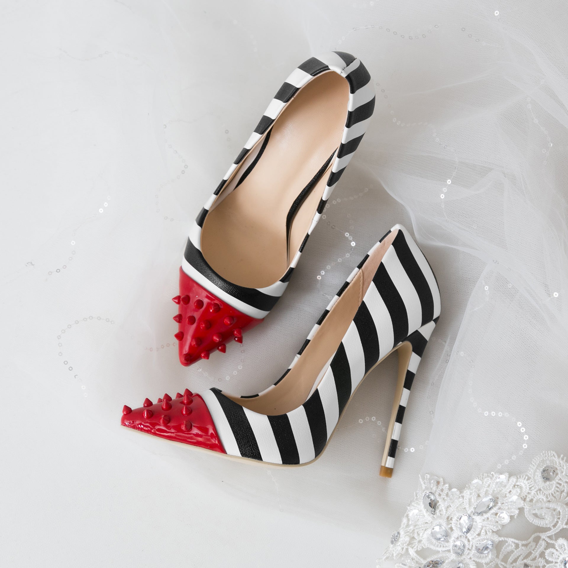 black white stripe high heels