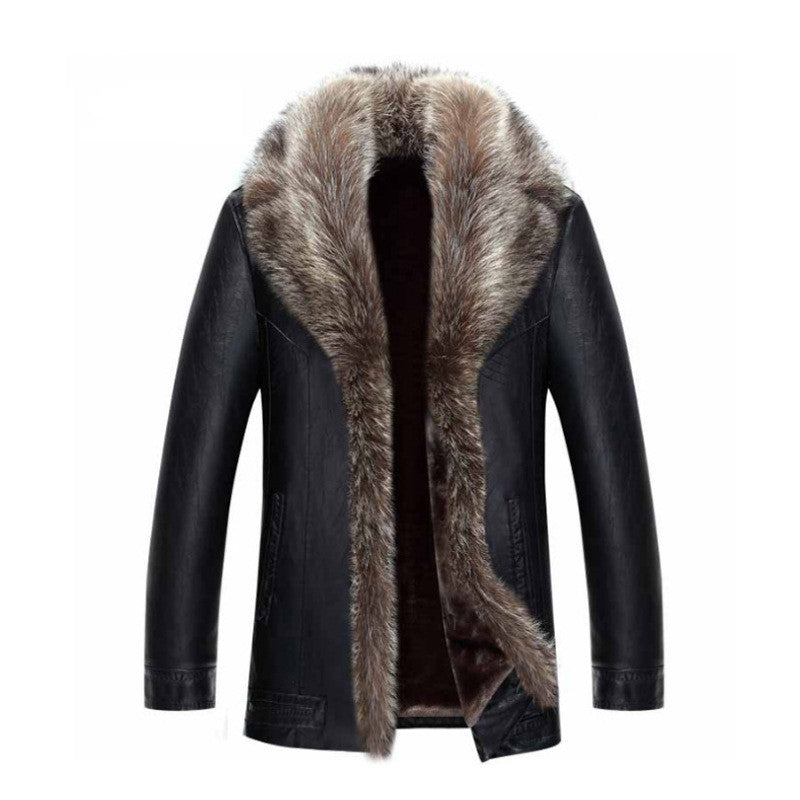 black leather fur collar coat