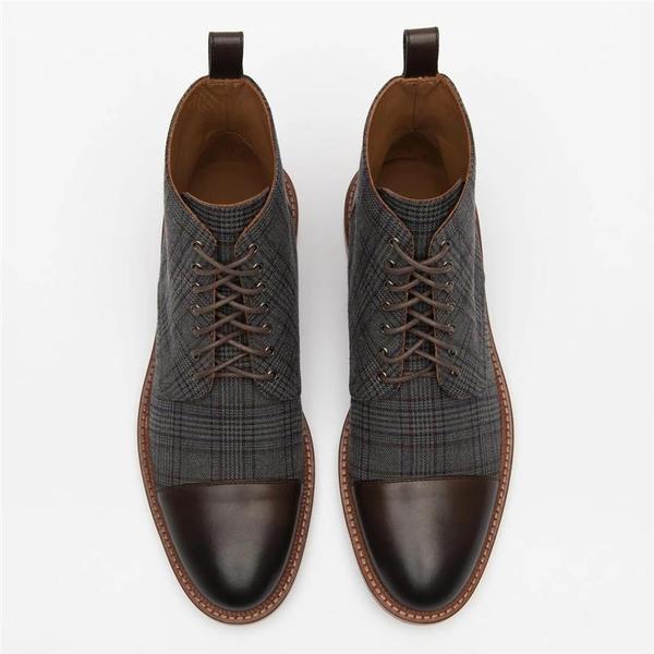 gray plaid black leather lace up boots casual shoes