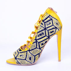 Caribbean Queen Yellow & Blue Geometric Heels - Yellow / 34 - footwear