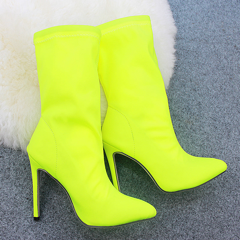 fluorescent green stretch cloth high heel boots