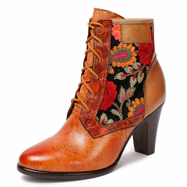 orange leather paisley print high heel boots