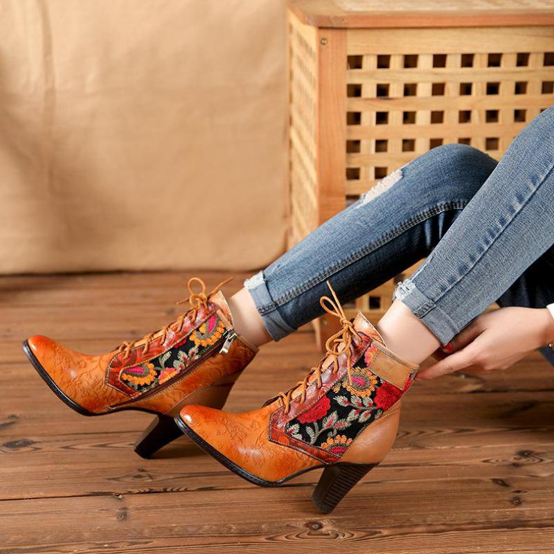 camel leather paisley print women boots