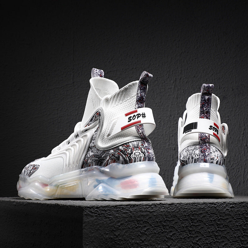 white and gray camo high top sneakers