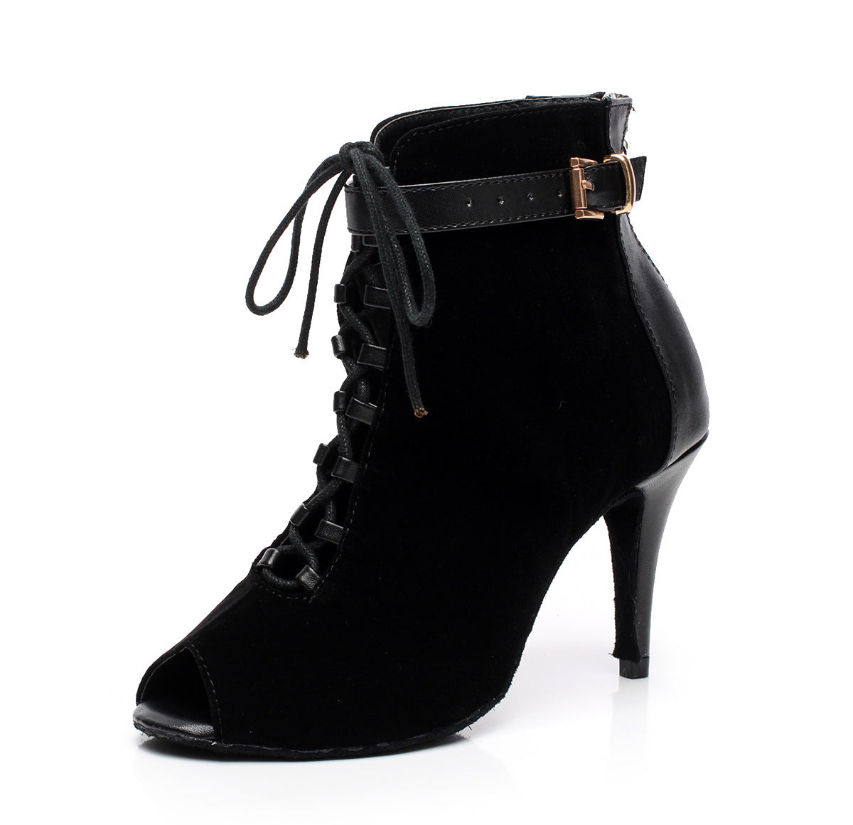 black suede and leather peep toe heels