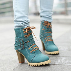 City Girl Chunky Heel Lace-Up & Strap Boots - Blue / 34 - footwear