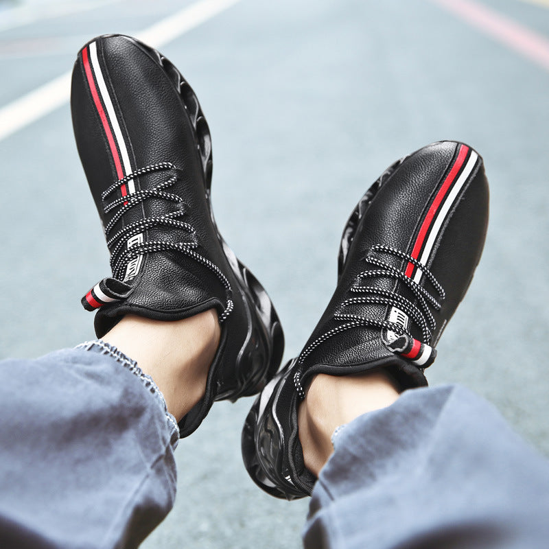 black leather with red and white stripe sneakers