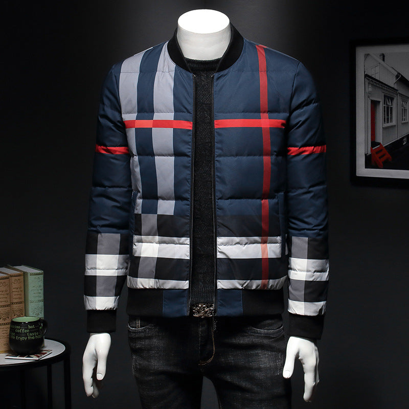 blue designer pattern puffer jacket