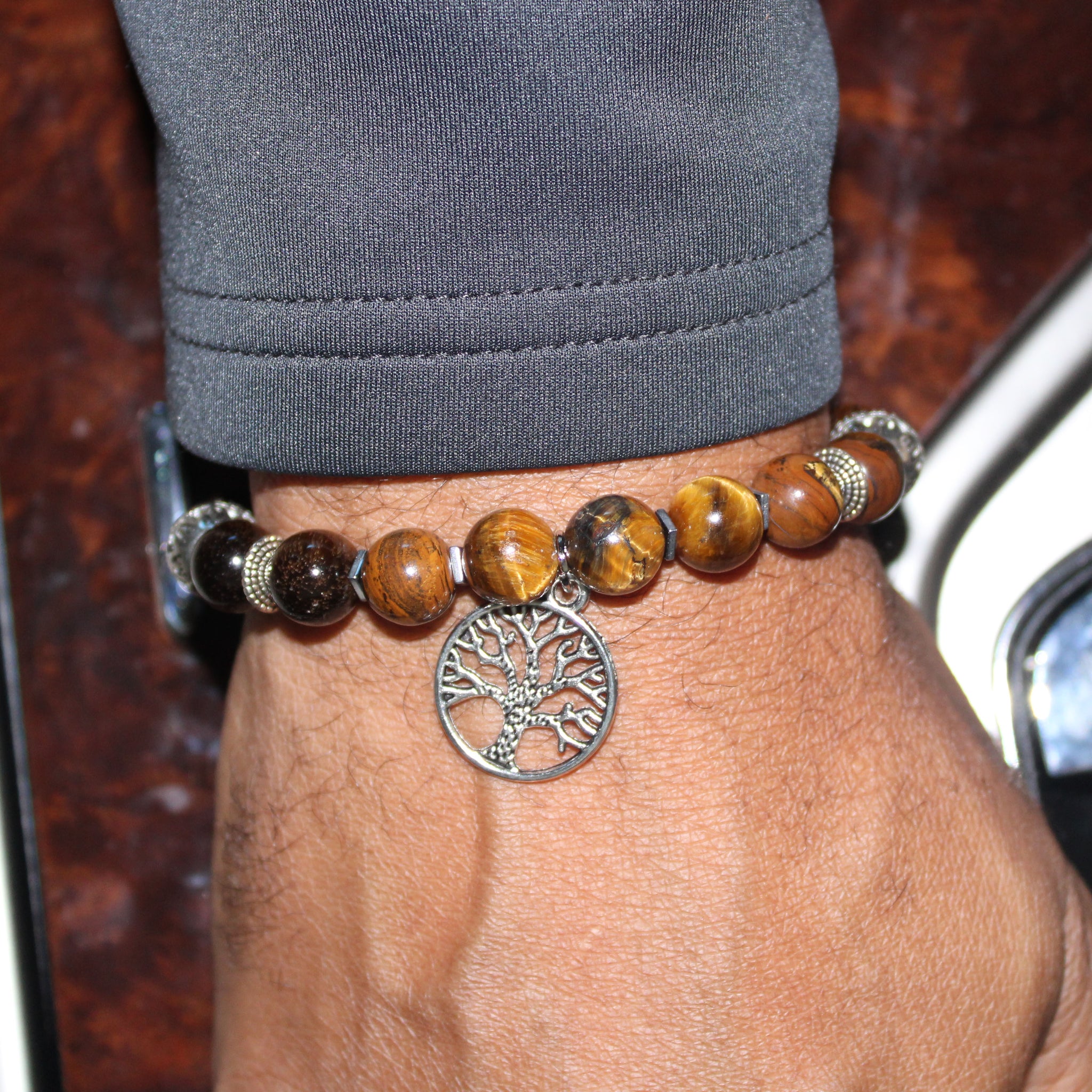 designer tree of life charm tiger eye bead bracelet