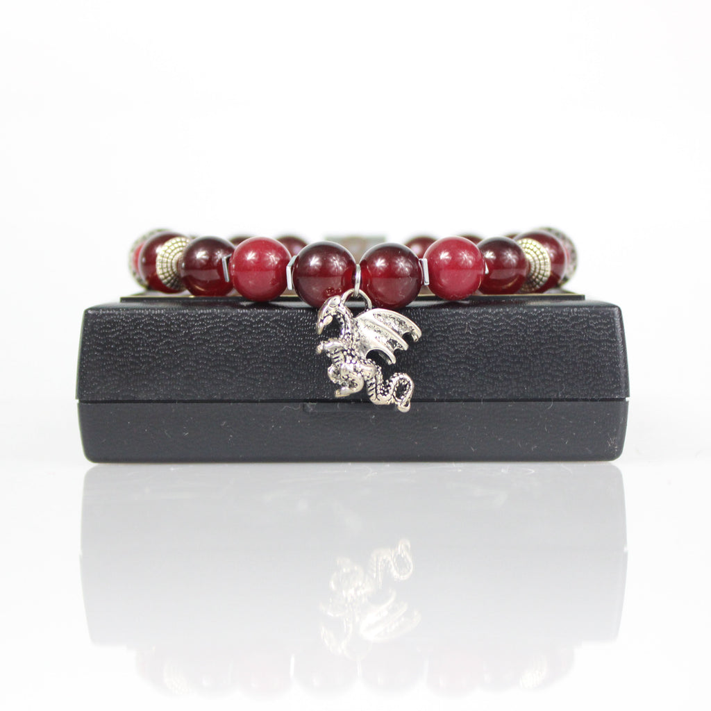 silver dragon charm red bead bracelet