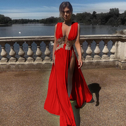 red double thigh slit long dress