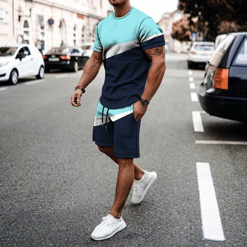 men stripe short set navy blue & turquoise
