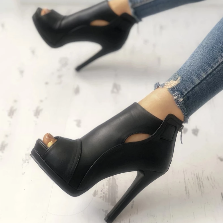 slip on black leather peep toe high heels