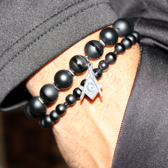 stackable black mason bead bracelet set