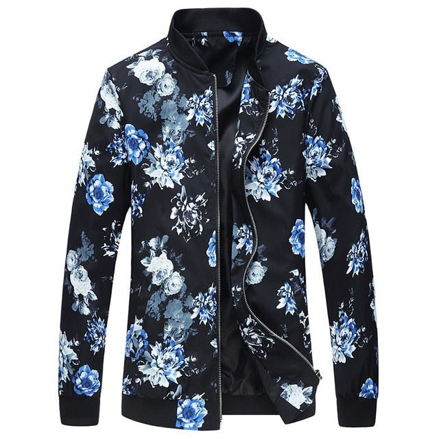 black light blue floral print light jacket men