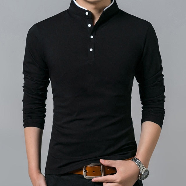 black mandarin collar button up long sleeve shirt
