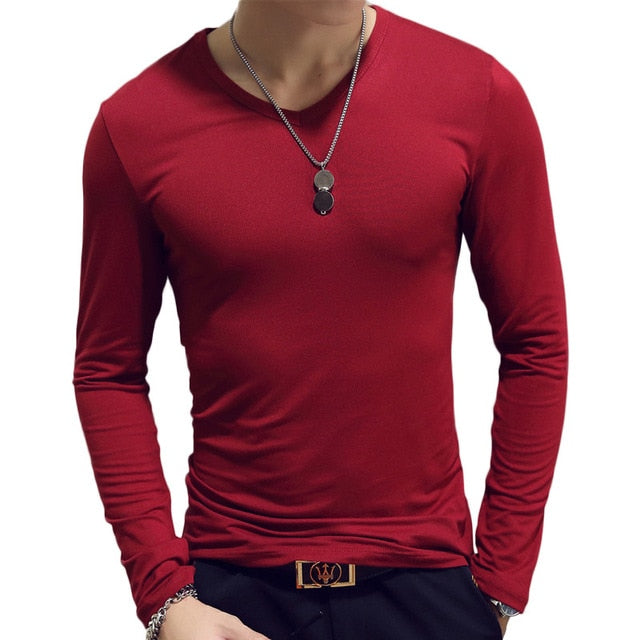 burgundy red v-neck slim fit long sleeve t-shirt