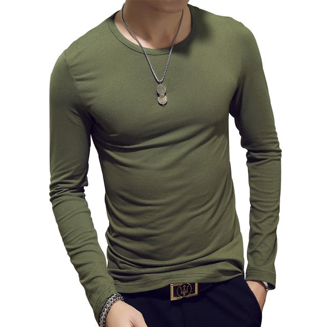 army green round neck slim fit long sleeve t-shirt