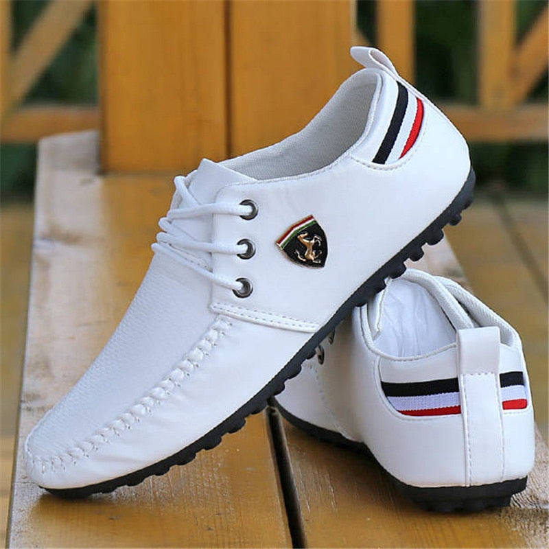white casual loafer shoes red blue stallion accents