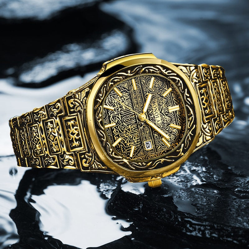 yellow gold designer engraved artistic onola watch