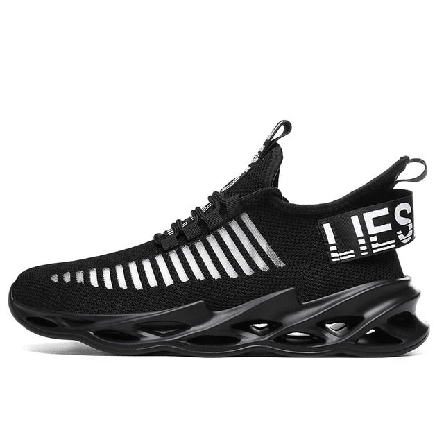 black white lettering air sole running shoes