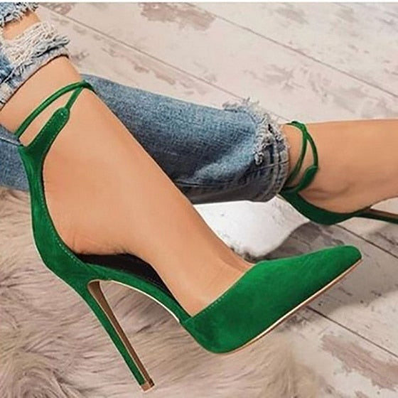 wrap around strap closed toe heel pumps bright green