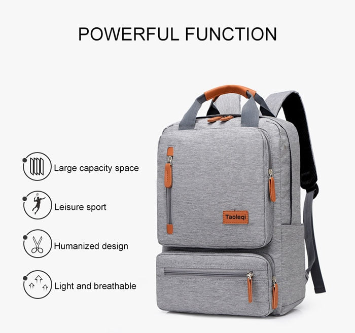 gray canvas camel leather accents laptop backpack