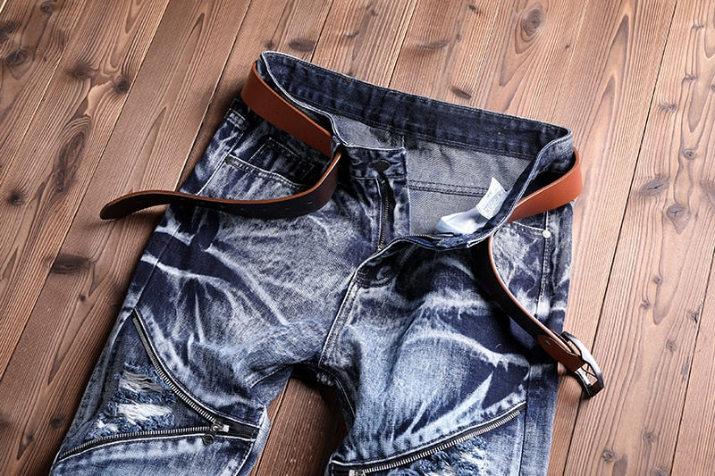 denim zipper style slim fit biker jeans blue with belt