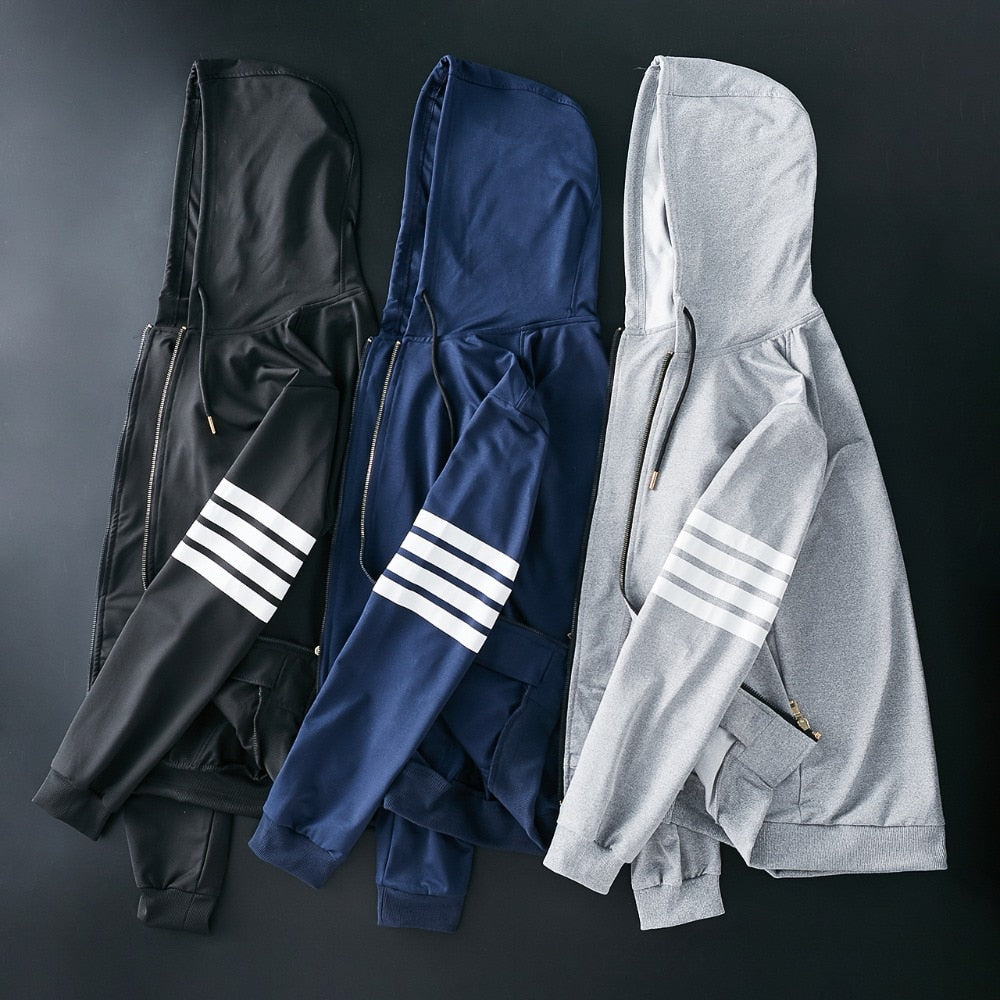blue black gray white stripe hoodie sweat suit