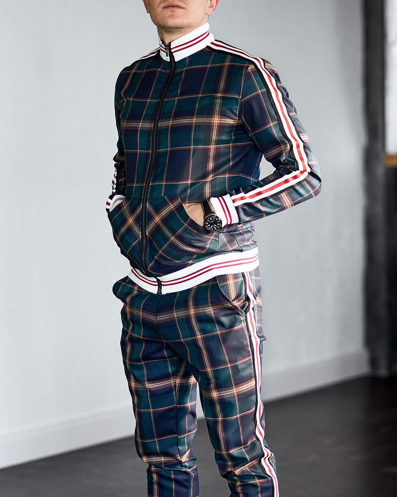 green plaid striped accents track suit jump sets