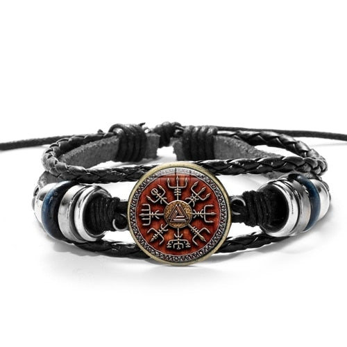 cherry wood viking symbol leather bracelet black