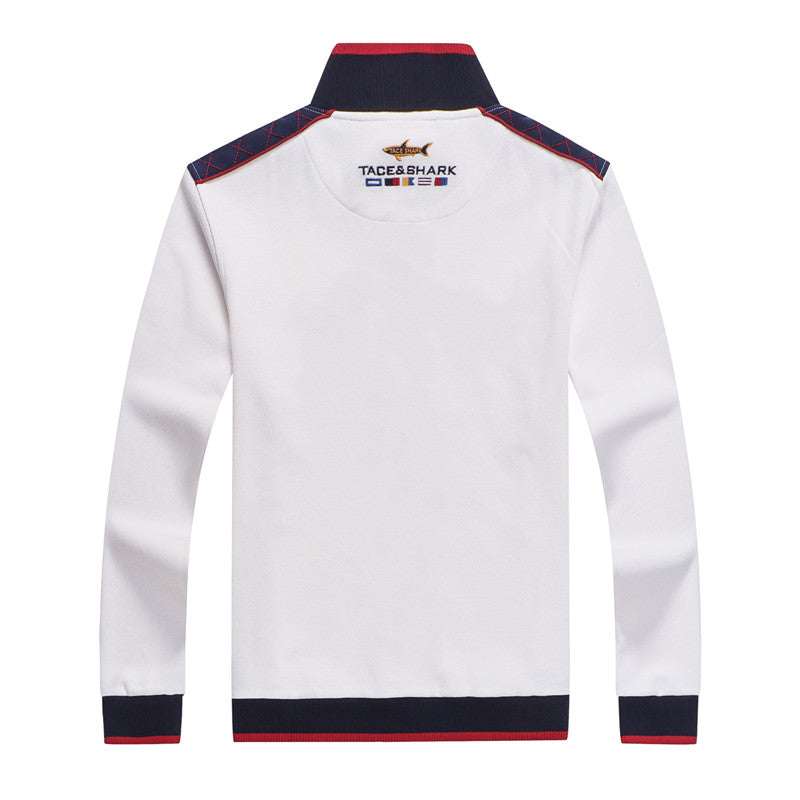 white yacht club jacket with red & blue stripes
